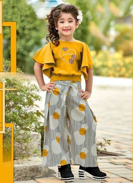 Yellow Colour VEERA CHILDREN Fancy Stylish Western Wear Poli Rayon Printed Top And Plazzo Girls Wear Collection VEERA 05